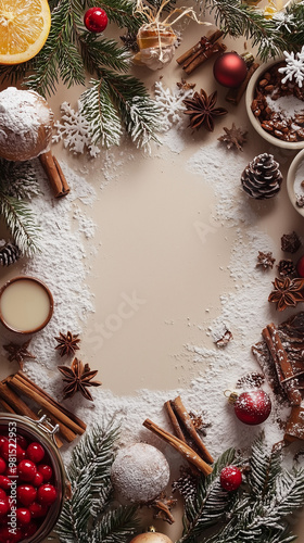 Christmas Baking Ingredients Flat Lay with Pine Cones