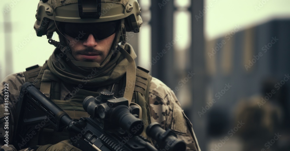 Soldier stands guard at military base. Soldier stands guard at military base.
