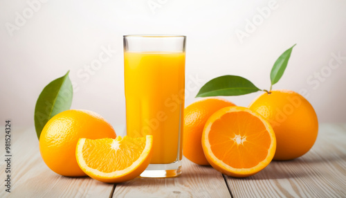 A glass of fresh orange juice placed beside whole and sliced oranges with green leaves, set on a wooden surface for a healthy, refreshing vibe