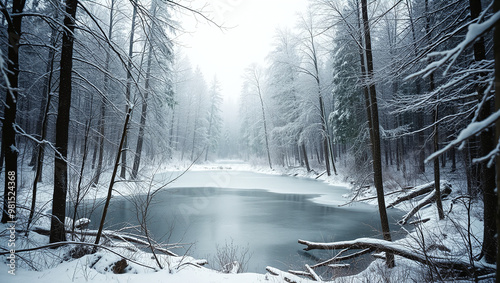 Winter Forest with Frozen Pond
A winter forest scene featuring a frozen pond surrounded by snow-covered trees. The pond is partially frozen, creating an enchanting winter landscape.