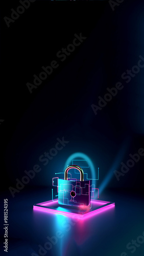 A vertical banner featuring a neon-themed design related to cyber security. The image includes a digital lock symbol, emphasizing the concept of protection and security against hackers