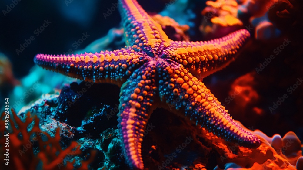 A vibrant orange and purple starfish sits on a bed of coral, bathed in blue and red light.