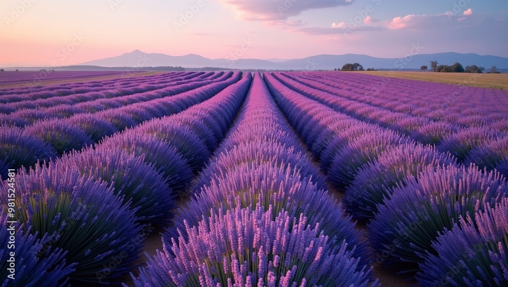 Fototapeta premium Vibrant field of lavender in full bloom rows of purple reaching the horizon