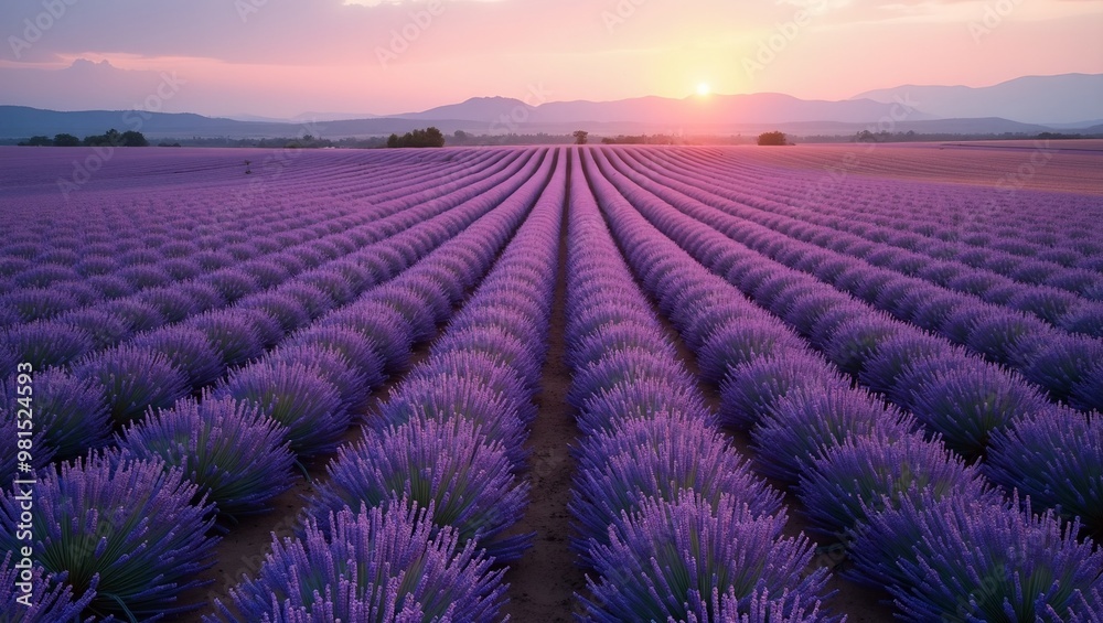 Vibrant field of lavender in full bloom rows of purple reaching the horizon Vibrant field of lavender in full bloom rows of purple reaching the horizon