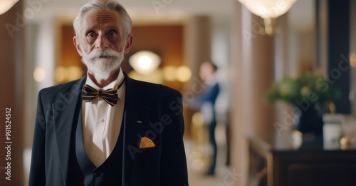 Hotel owner oversees grand lobby for guests. photo