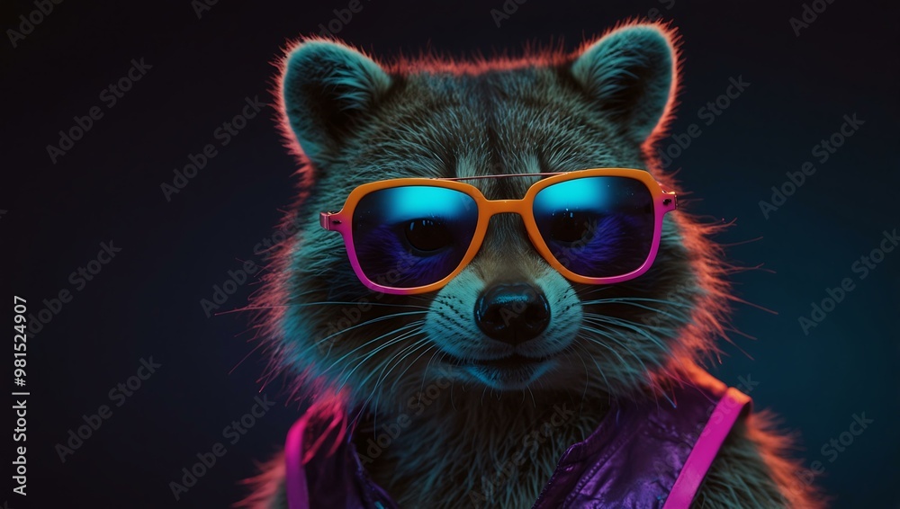 Raccoon in sunglasses, looking cool in neon light. Raccoon in sunglasses, looking cool in neon light.