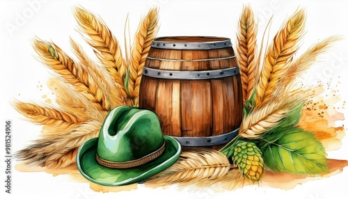 Oktoberfest holiday banner retro things wooden barrel with beer,  ear of wheat and green hat with feather, festival accessories isolated on white. October holiday celebration photo