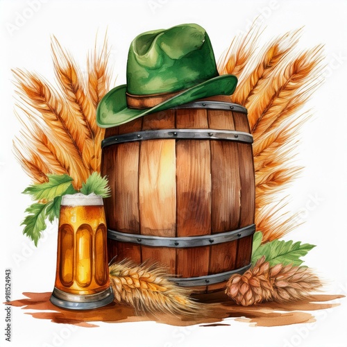 Oktoberfest holiday banner retro things wooden barrel with beer,  ear of wheat and green hat with feather, festival accessories isolated on white. October holiday celebration photo