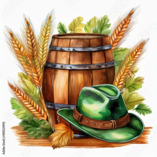 Oktoberfest holiday banner retro things wooden barrel with beer,  ear of wheat and green hat with feather, festival accessories isolated on white. October holiday celebration photo