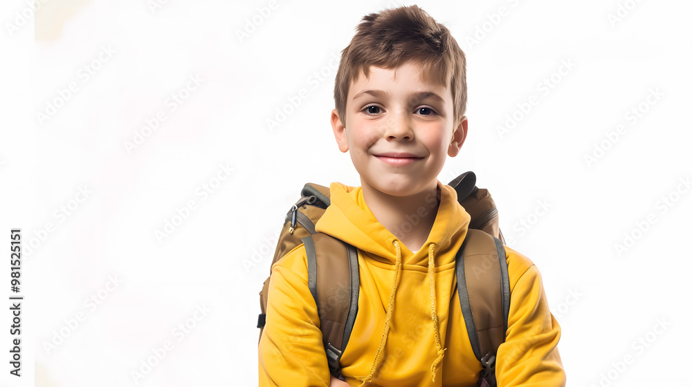 Portrait of a smiling boy with a backpack on white Portrait of a smiling boy with a backpack on white