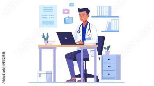 Positive doctor sitting at the workplace and using a laptop