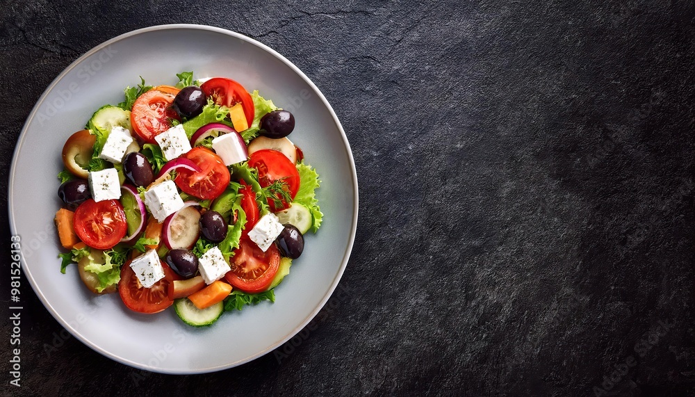 salad with tomatoes and cucumbers, Top-down view of a plate with Greek salad with olives, tomato's and goat cheese on a dark black stone texture background with space for text for designer salad with tomatoes and cucumbers, Top-down view of a plate with Greek salad with olives, tomato's and goat cheese on a dark black stone texture background with space for text for designer