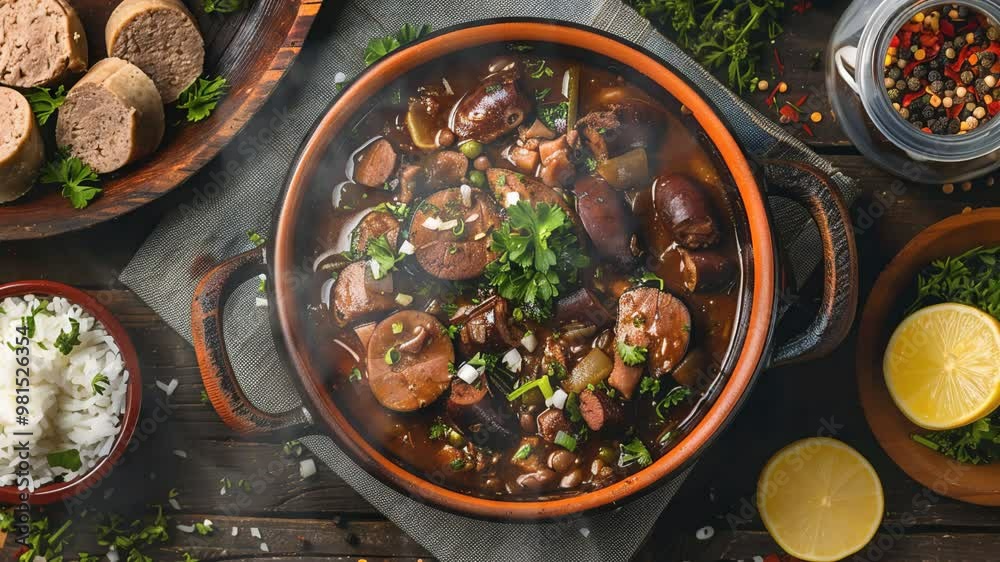 Feijoada, brazilian food moves with smoke around