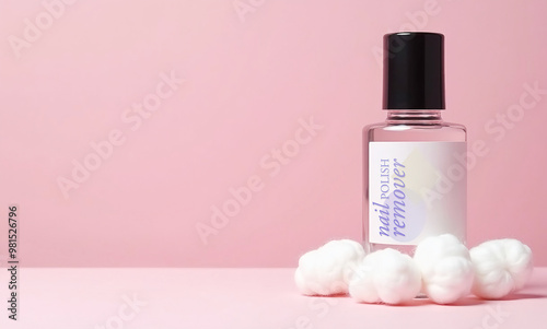 A nail polish remover bottle and some cotton on a pink background.