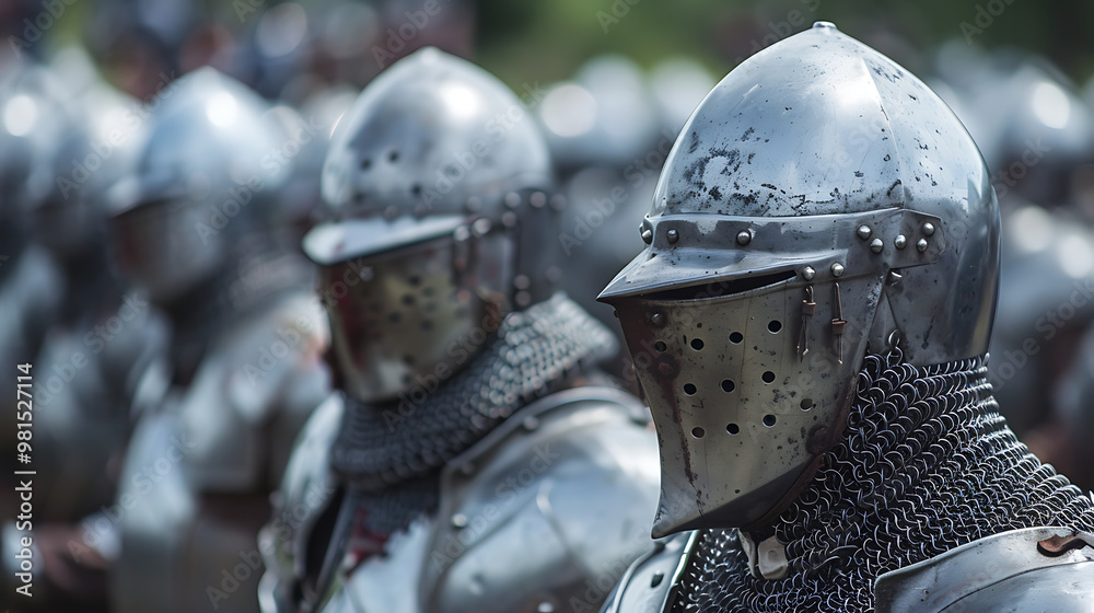 Fototapeta premium a row of individuals dressed in medieval armor, featuring helmets with visors, chainmail, and breastplates. The focus is on the first figure
