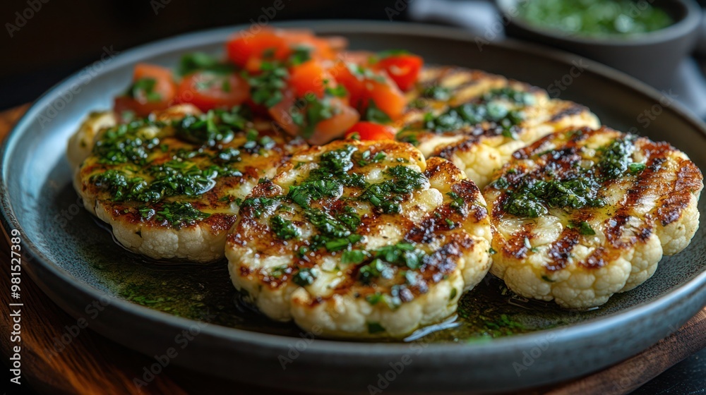 Cauliflower steaks with chimichurri sauce and butter bean puree, Cauliflower steaks served on a modern, minimalist plate. Cauliflower steaks with chimichurri sauce and butter bean puree, Cauliflower steaks served on a modern, minimalist plate.