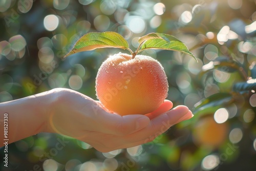 hand holding a fruit, garden in background