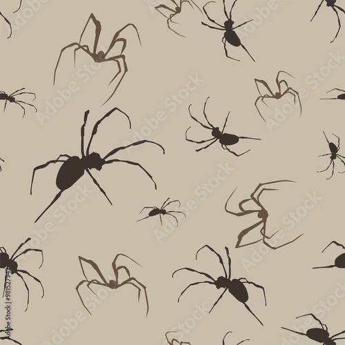 Seamless pattern with spiders on a beige background. Vector illustration for prints on fabrics and for the design of interiors and scenes