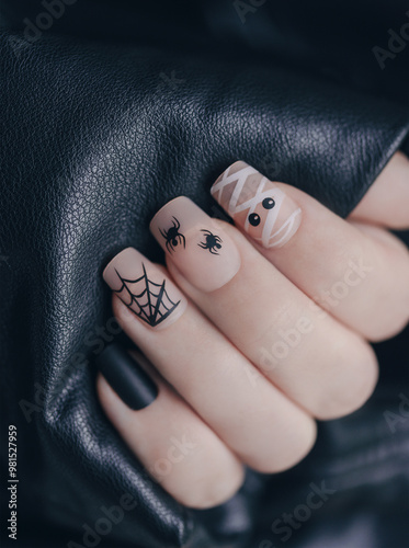 Beautiful art manicure. Halloween manicure design ideas. Beautiful halloween nails with webs and spiders.