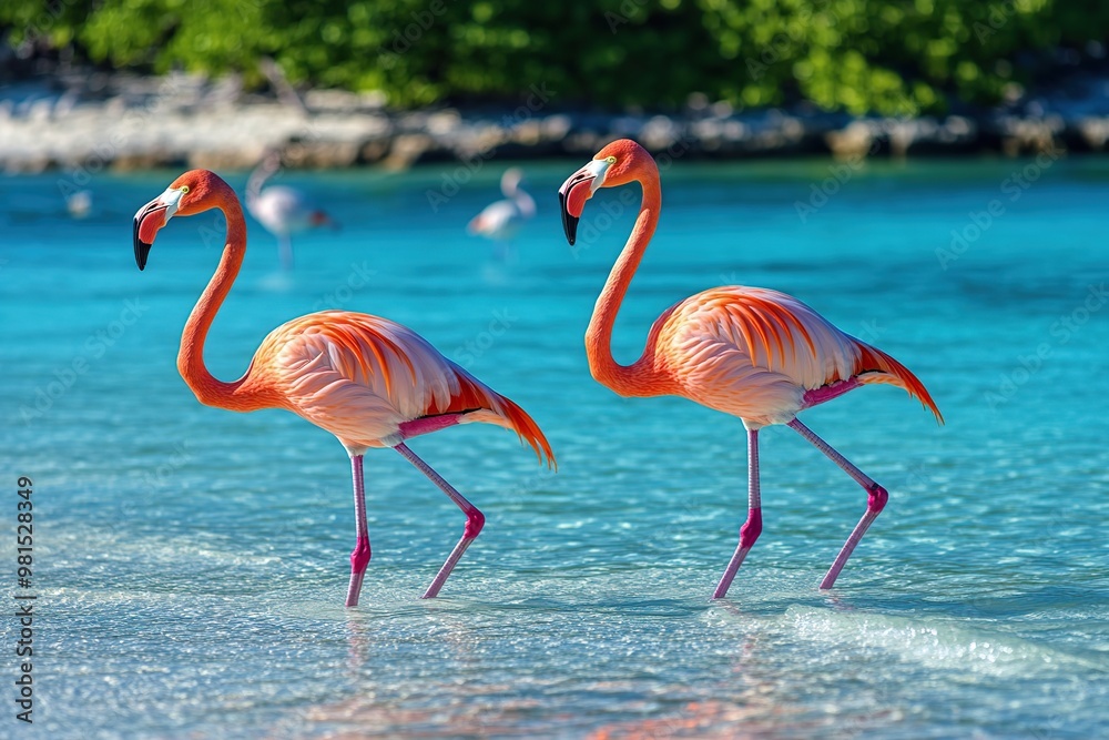 Flamingos standing in clear water with sunlights on blurred background Flamingos standing in clear water with sunlights on blurred background