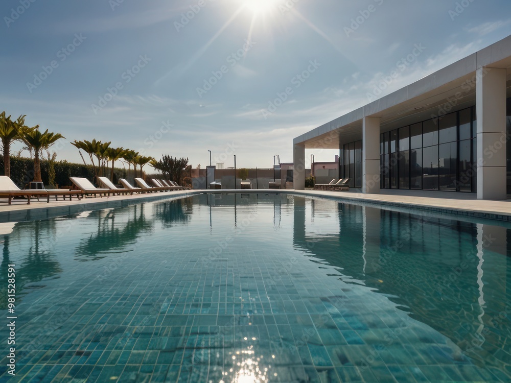 Fototapeta premium Luxury Swimming Pool with Sun Loungers Under the Bright Sunshine