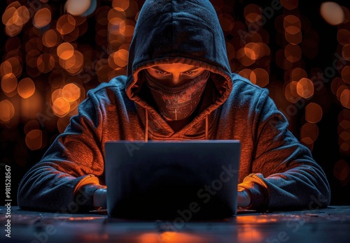 Hacker in a hoodie typing on a laptop at a dimly lit table surrounded by a dark background