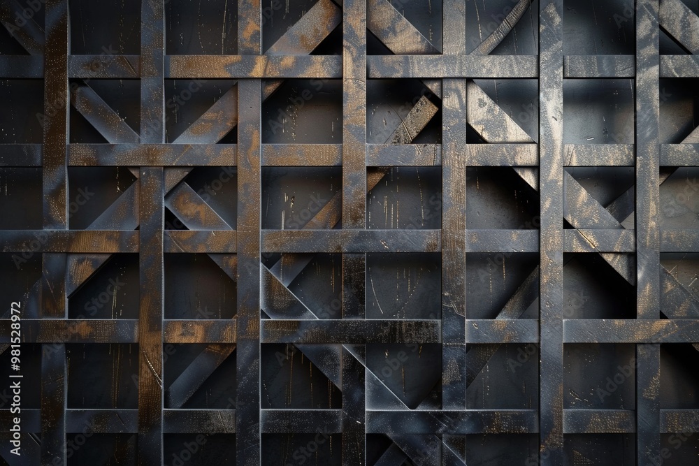 Dark wall with geometric patterns, textured with rusted metal and featuring a grid design Dark wall with geometric patterns, textured with rusted metal and featuring a grid design