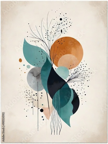 Abstract composition with botanical and geometric elements in muted tones, ideal for modern minimalist interiors. Adds subtle elegance and natural inspiration to any space
