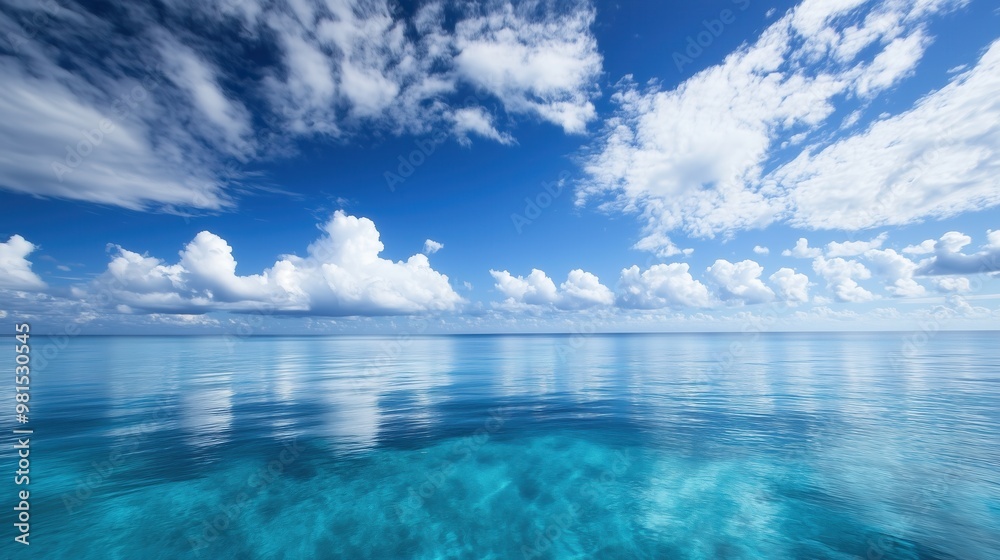 The sky is blue and cloudy. The water is calm and clear. The clouds are scattered throughout the sky The sky is blue and cloudy. The water is calm and clear. The clouds are scattered throughout the sky
