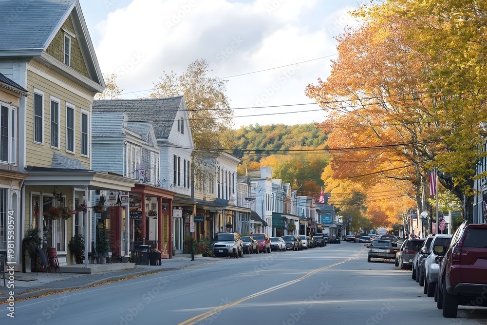 Charming Small Town Autumn Landscape with Historic Architecture and Friendly Local Shops Charming Small Town Autumn Landscape with Historic Architecture and Friendly Local Shops