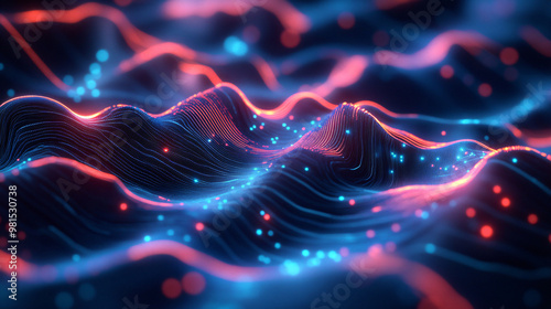 Abstract 3D Sound waves of a neon pink and purple digital dots lines waves, Abstract dark blue on background, seamless loop, future reality concept, pink and purple digital surface
