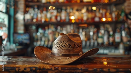 The Wild West concept theme with cowboy hat, in vintage saloon bar