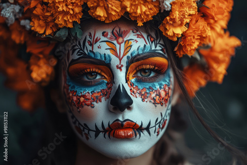 Woman with intricate Dia de los Muertos face paint with a flower crown