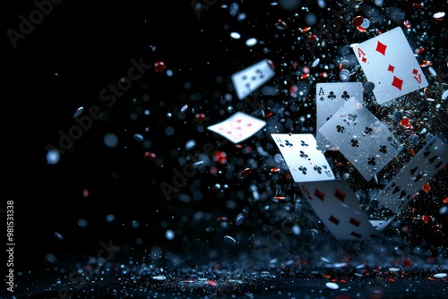 Royal flush explosion cards flying down from the sky