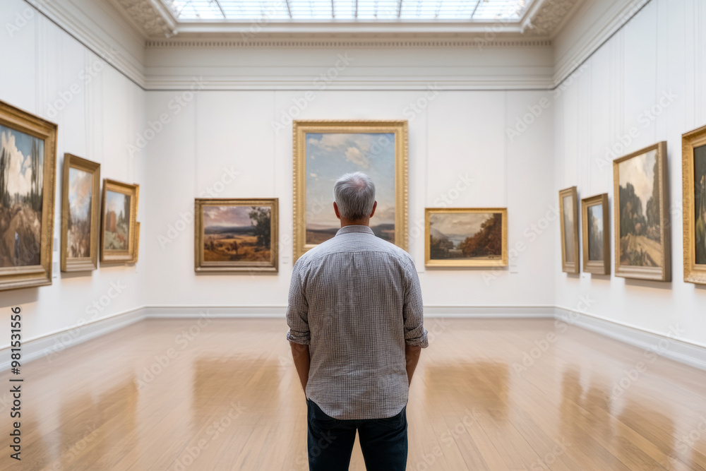 Man stands alone in an art gallery, contemplating framed paintings Man stands alone in an art gallery, contemplating framed paintings