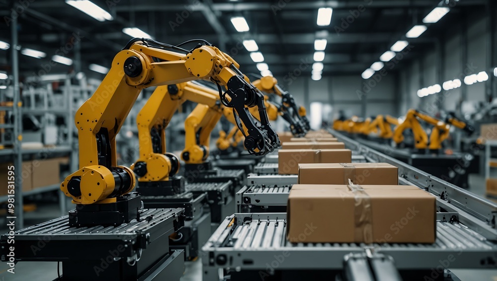 Robotic arms assembling packages in a high-tech factory. Robotic arms assembling packages in a high-tech factory.