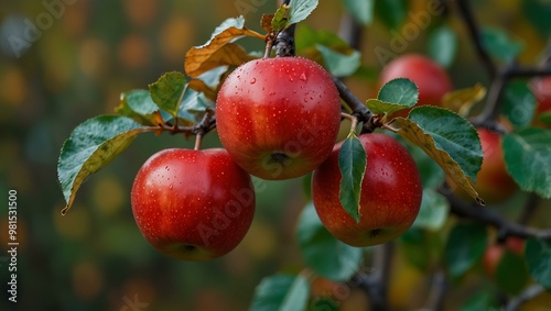 Ripe red apple on an autumn branch.