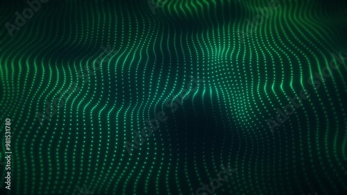 Green abstract particle waves, looped background in 4k, innovation and science