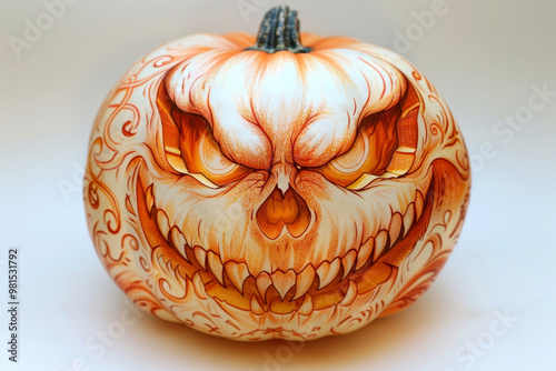 A uniquely carved pumpkin displays a menacing face, complete with sharp teeth and detailed patterns. The artwork captures the spirit of Halloween with its striking colors and intricate design. photo