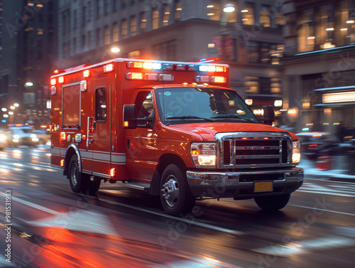 An ambulance rushes through a bustling urban street with a motion blur conveying urgency during a busy late afternoon