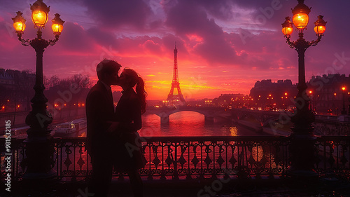 Eine romantische Szene in Paris, ein sich küssendes Paar auf einer Brücke bei Sonnenuntergang, im Hintergrund mit dem Eiffelturm.