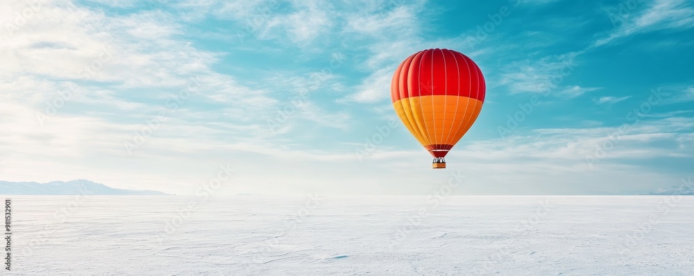 Fototapeta premium Hot air balloon over snowy landscape, vivid