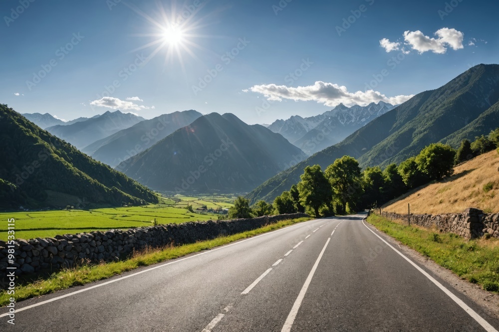 Perspective view of rural road among range of mountains in bright sunlight. Perspective view of rural road among range of mountains in bright sunlight.