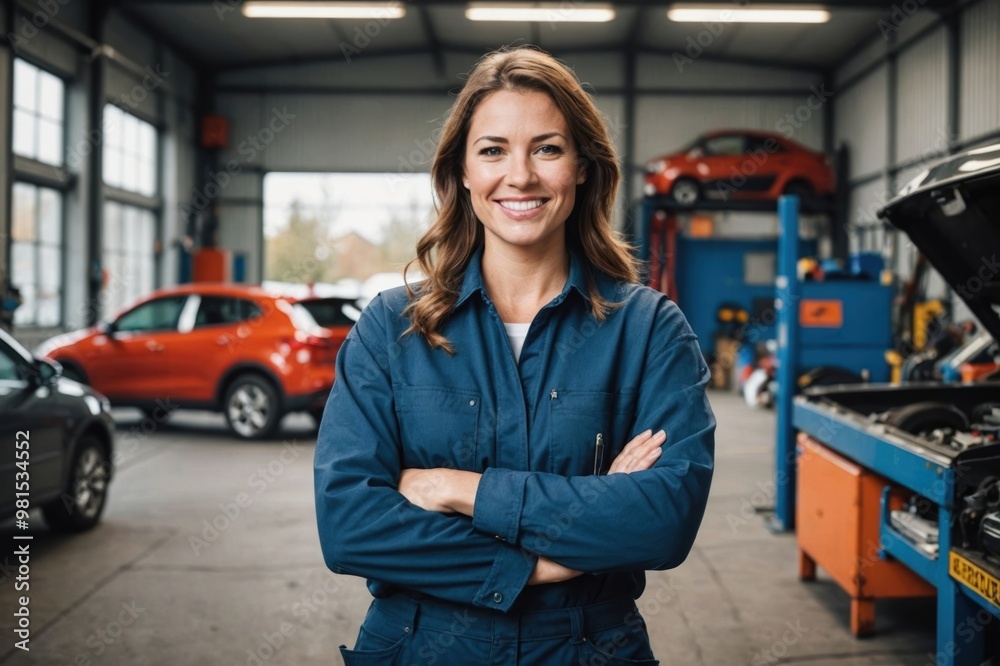 Fototapeta premium Portrait confident smiling female auto mechanic against garage background