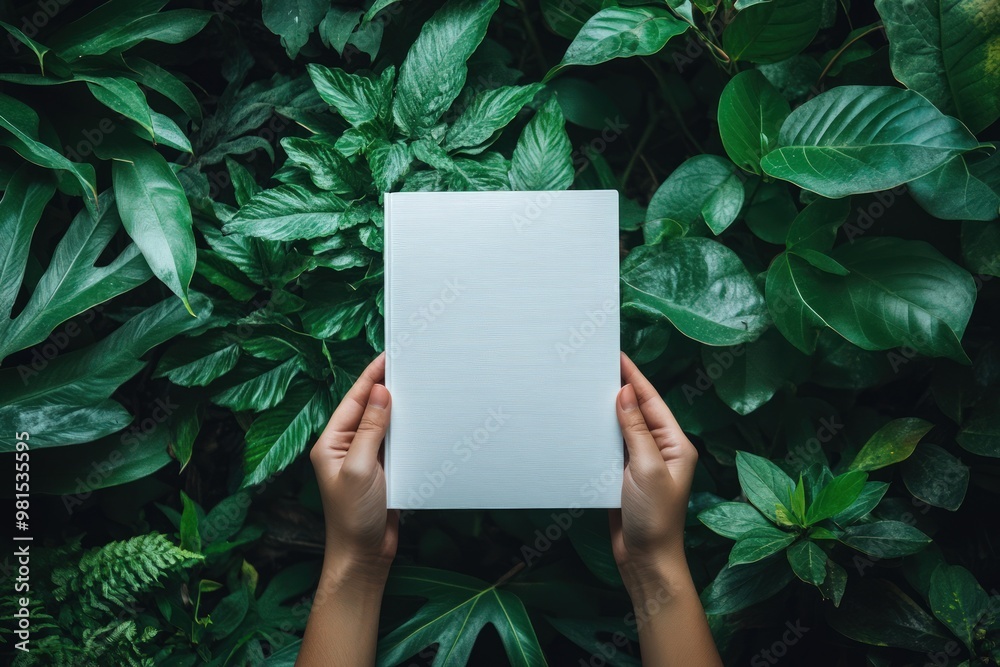 Blank paper mockup held by hands in a lush green foliage background. Blank paper mockup held by hands in a lush green foliage background.