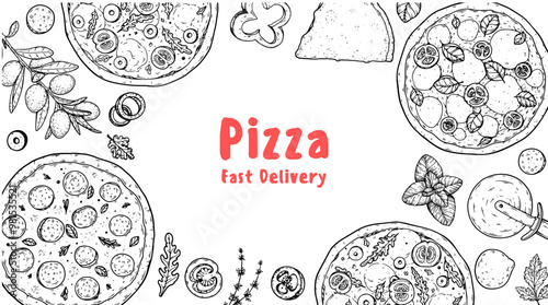Hand drawn set of pizza. Italian pizza design template. Vector illustration