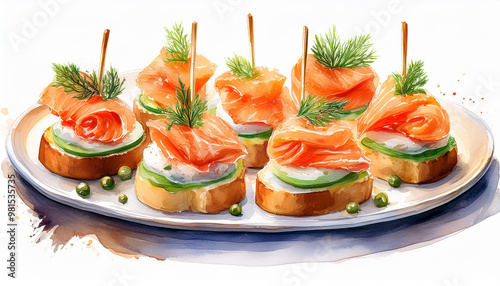 Watercolor painting of tasty finger food spread with smoked salmon on white. Delicious snack.