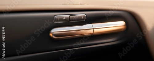 A close-up of a modern car door handle with buttons, featuring a sleek design and metallic accents on a dark background.