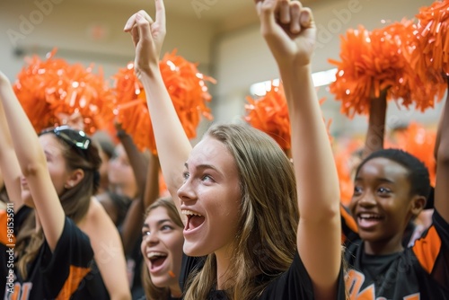 A group of cheerleaders energetically cheering in a gym during a pep rally, The energetic atmosphere of a pep rally in the gymnasium, with students cheering and waving pom-poms