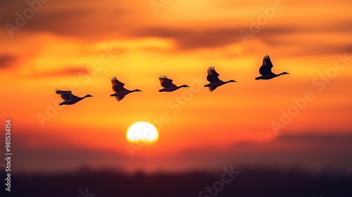 Evening bird migration against vibrant sunset.